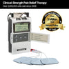 TENS unit with rechargeable battery and simple controls for convenient home therapy.
