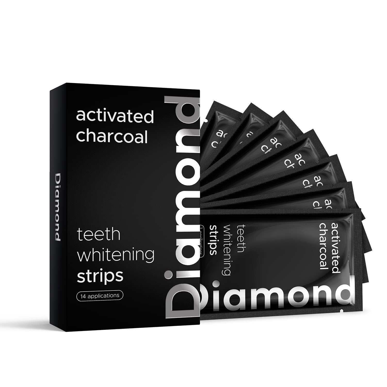 Diamond Smile activated charcoal tooth whitening strips for home whitening with white background