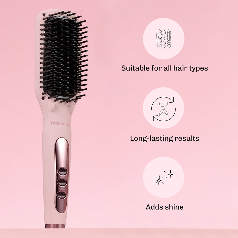 Anti-frizz heated hair brush delivering soft, glossy and manageable results
