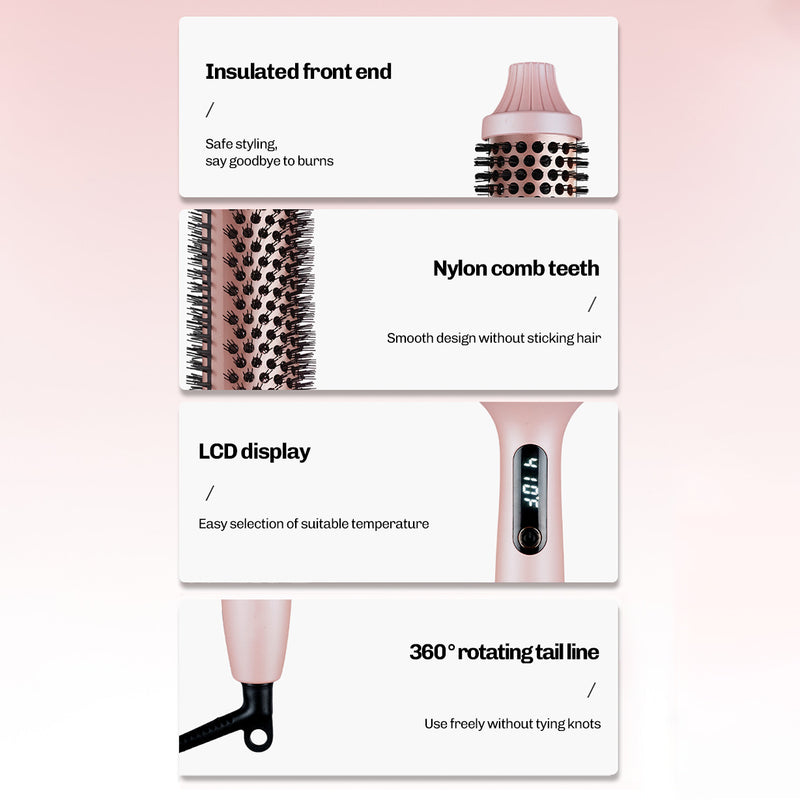 Heated round brush with LED display and adjustable temperature settings