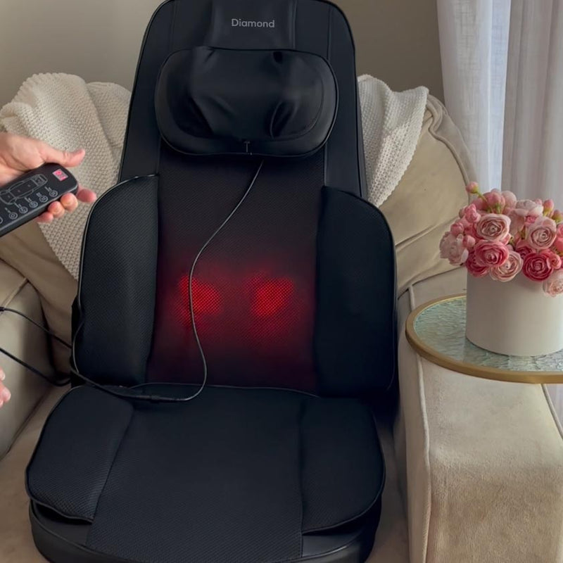 Back massage cushion designed to help relax tired muscles after work, driving or exercise.