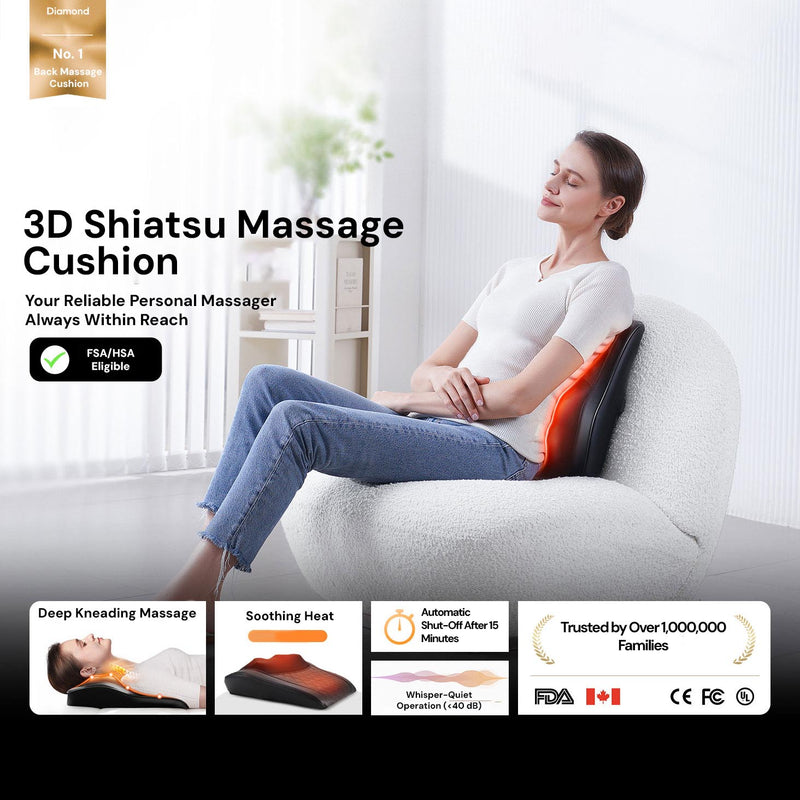 Back massage pillow with deep kneading massage for everyday muscle relaxation.