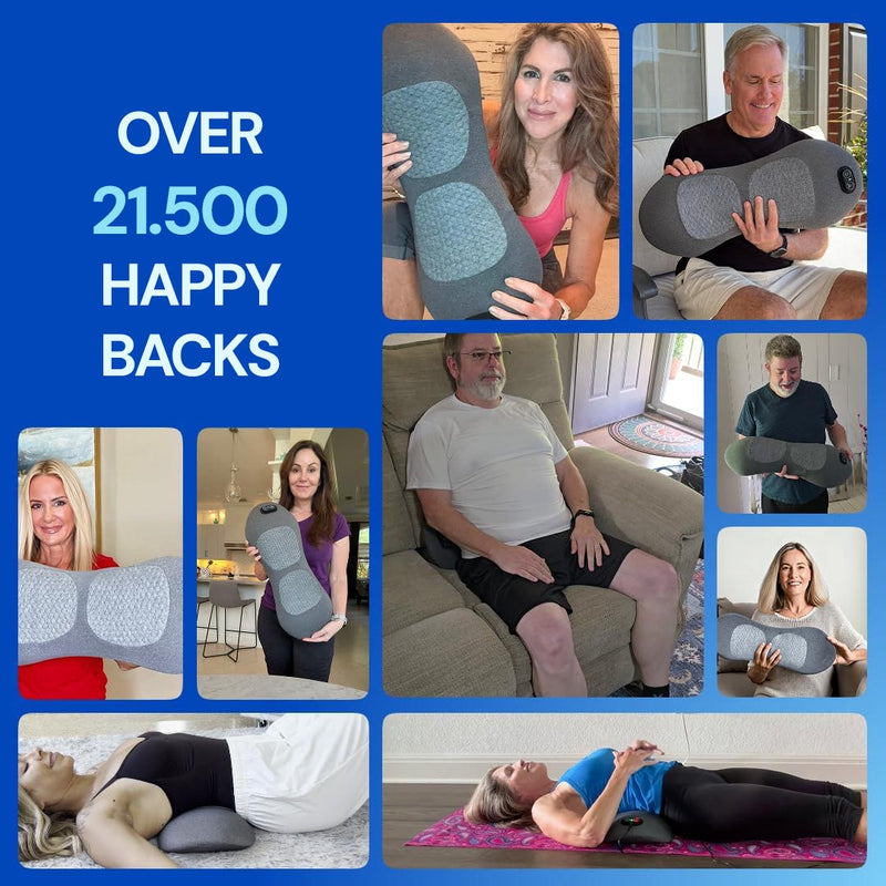 Back stretch massager providing targeted pressure for the hips, glutes and lower back.