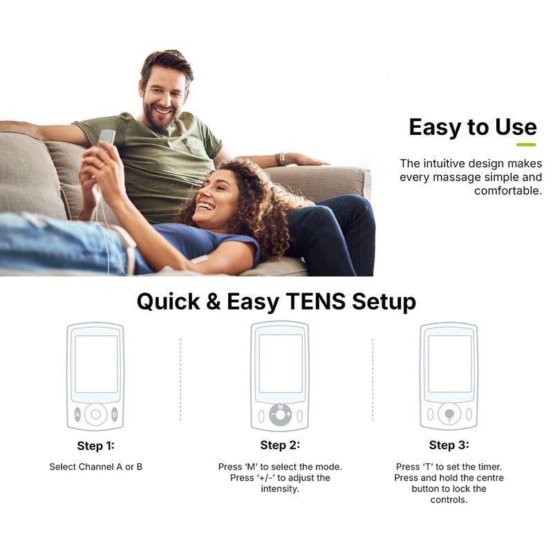 Dual channel TENS machine allowing different treatment programmes on separate body areas.