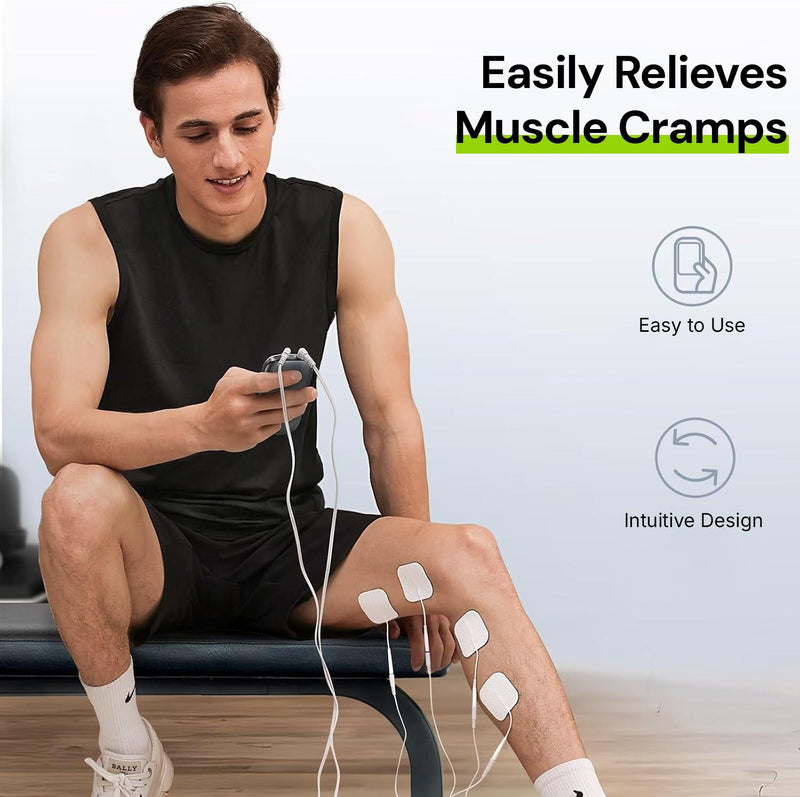 Electrical muscle stimulation device supporting muscle recovery and post-workout relaxation.