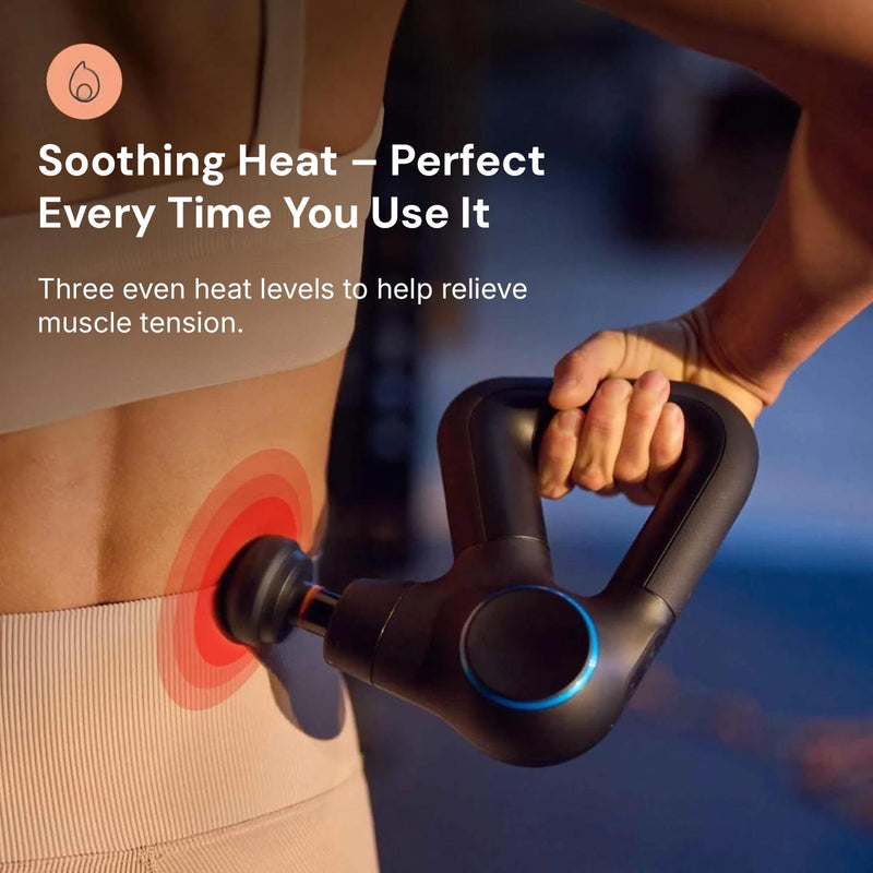 Heated massage gun with adjustable heat settings for targeted muscle relaxation and recovery.