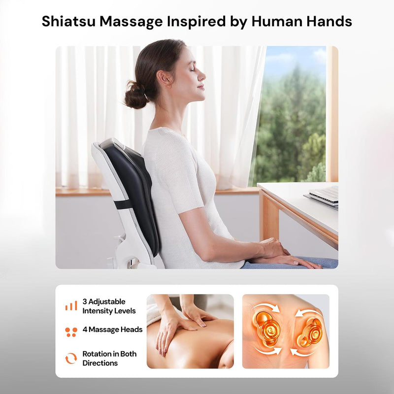 Heated massage pillow providing comforting warmth and targeted Shiatsu massage.
