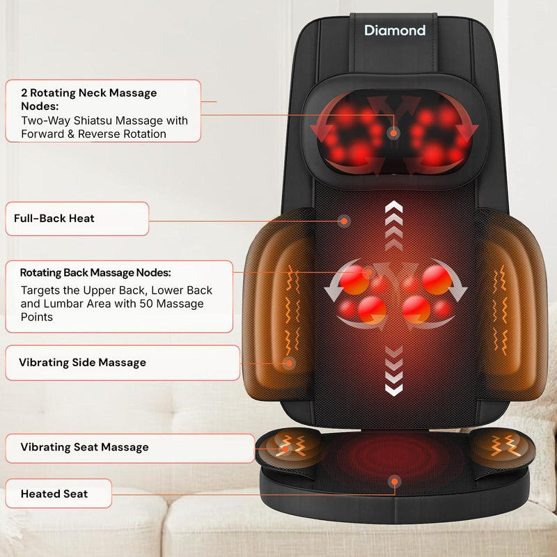 Heated massage seat cushion with soothing warmth and realistic Shiatsu massage.
