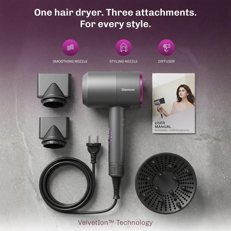 Diamond AirFusion ionic hair dryer with advanced ion technology for smoother, shinier and fuller hair.