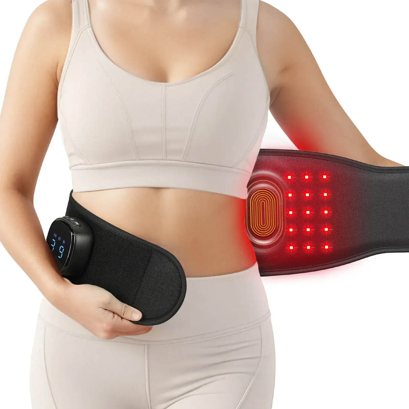 Massage belt for the back combining vibration massage with red light therapy.