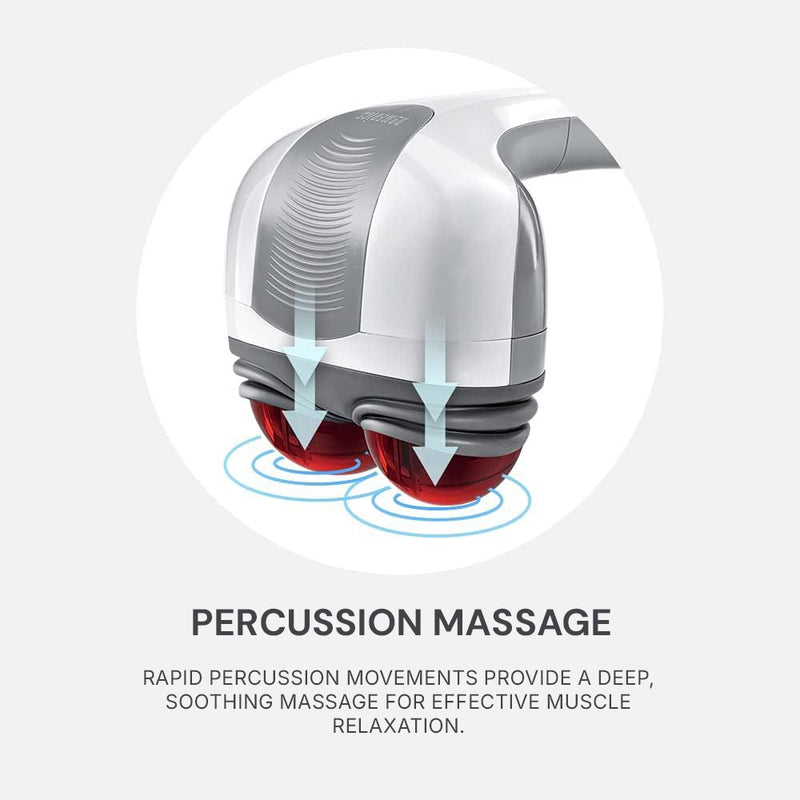 Deep tissue massager offering targeted muscle relief with dual massage heads and heat therapy.