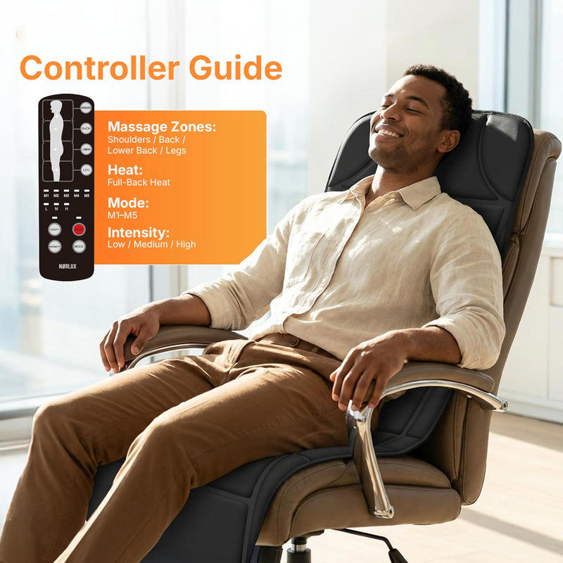 Massage mat for bed delivering relaxing vibration massage and soothing heat.