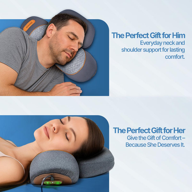 Neck massage cushion combining ergonomic support with soothing vibration massage.