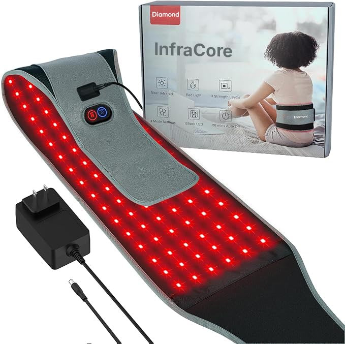 Red light therapy belt with 660nm red light and 850nm near infrared light for targeted home treatments.