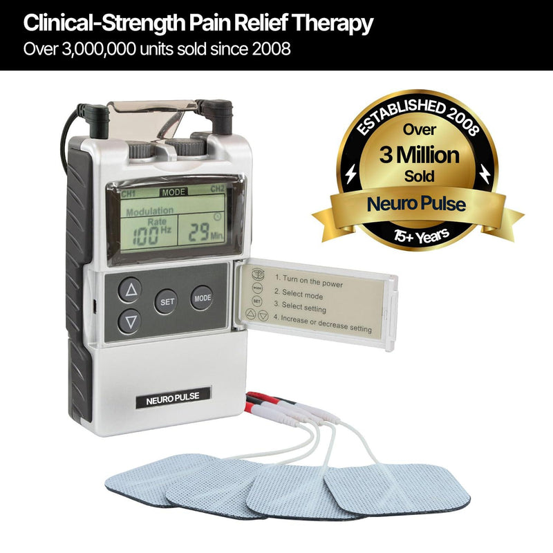 TENS unit with rechargeable battery and simple controls for convenient home therapy.