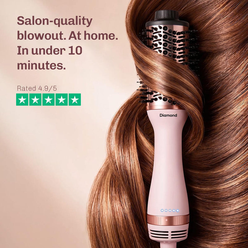 Titanium oval brush with even heat distribution for gentle styling and healthy-looking shine.
