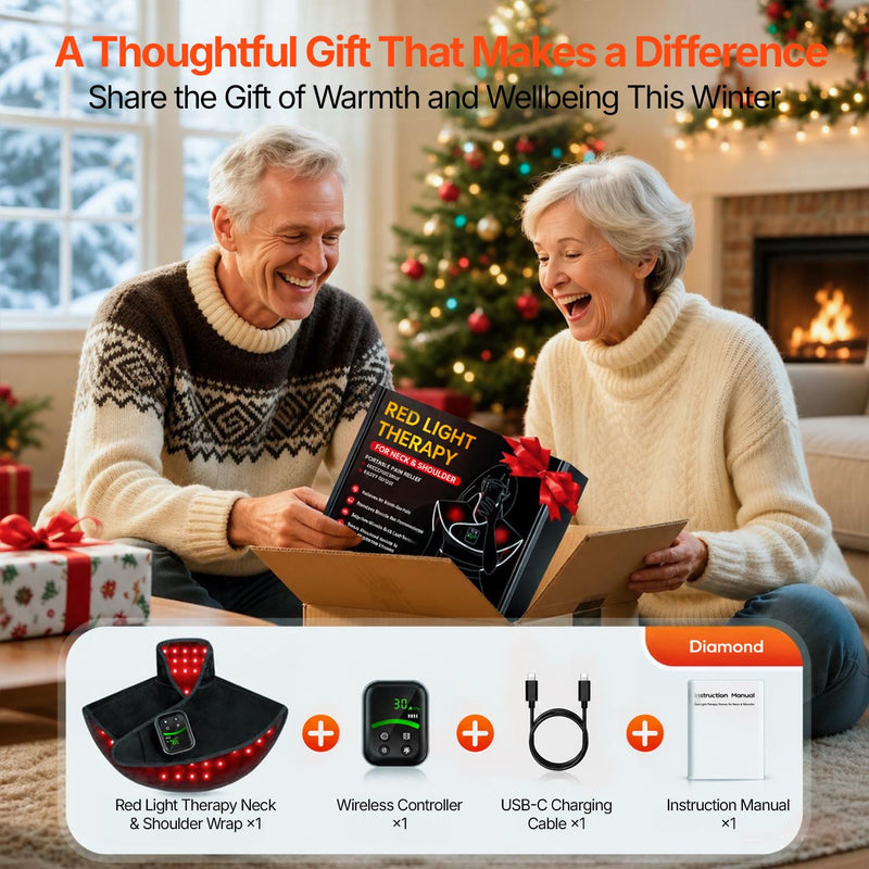 Upper back light therapy wrap designed for convenient home use with flexible power options.
