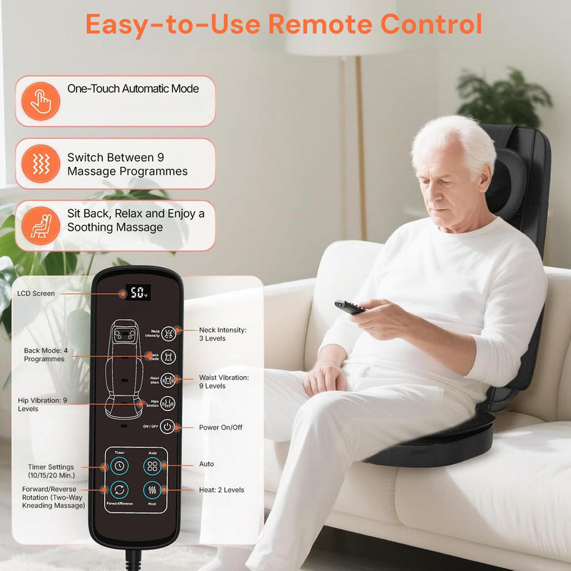 Vibrating massage seat with multiple massage modes for full back and neck relaxation.