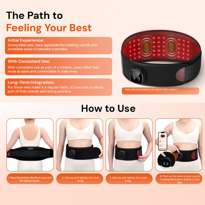 Red light therapy belt providing comfortable light therapy for the lower back, waist and hips.
