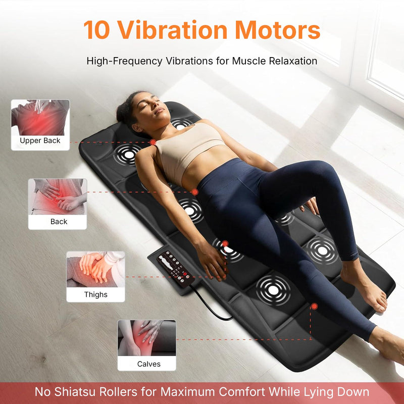 Vibration massage mat providing targeted massage for the back, hips, thighs and legs.