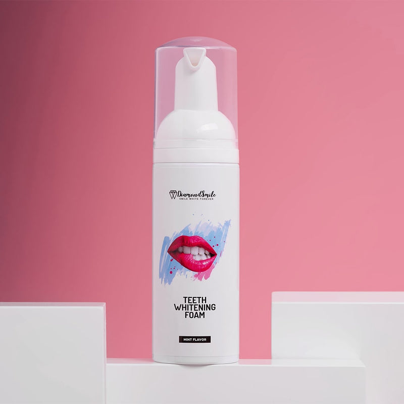 Diamond Smile tooth whitening foam against a pink background