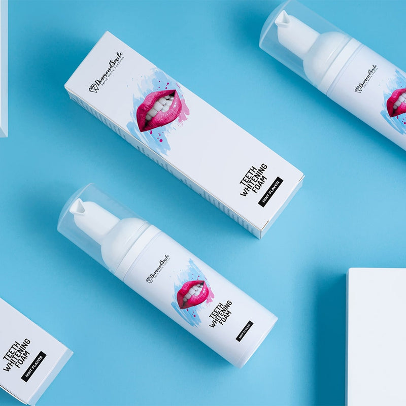 Diamond Smile tooth whitening foam and packaging on a blue background